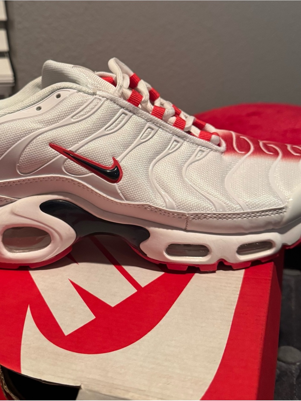 Air Max Plus White and Red Sneakers